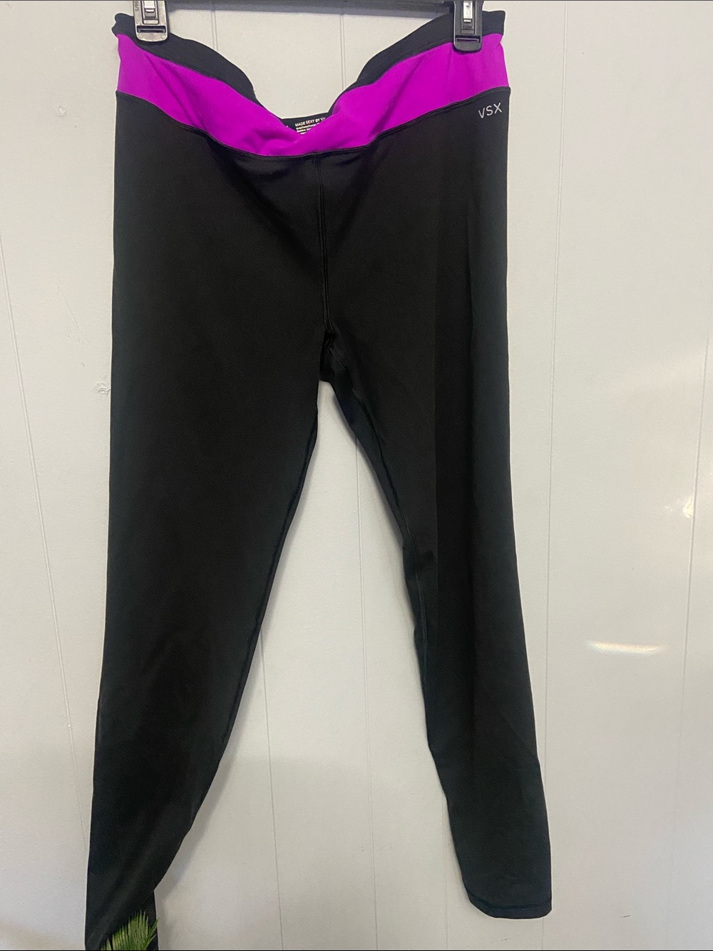 VSX Black Leggings with Bright Magenta Waist and sheer at ankles.
